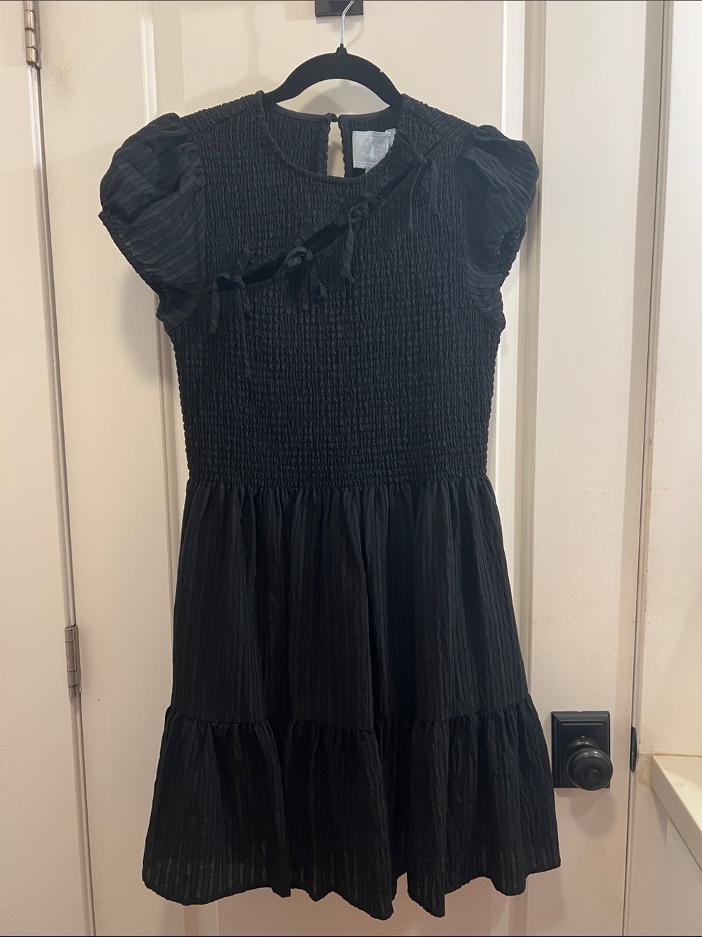 Hill House Gia Mini Nap Dress - Black Smocked Tiered Dress with Puff Sleeves